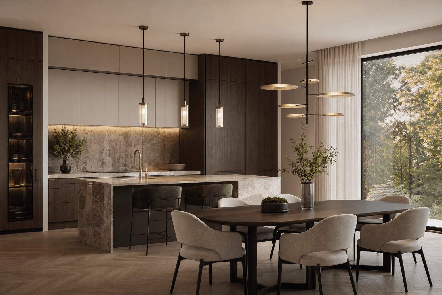 Interior residencial sofisticado com cozinha e sala integradas
